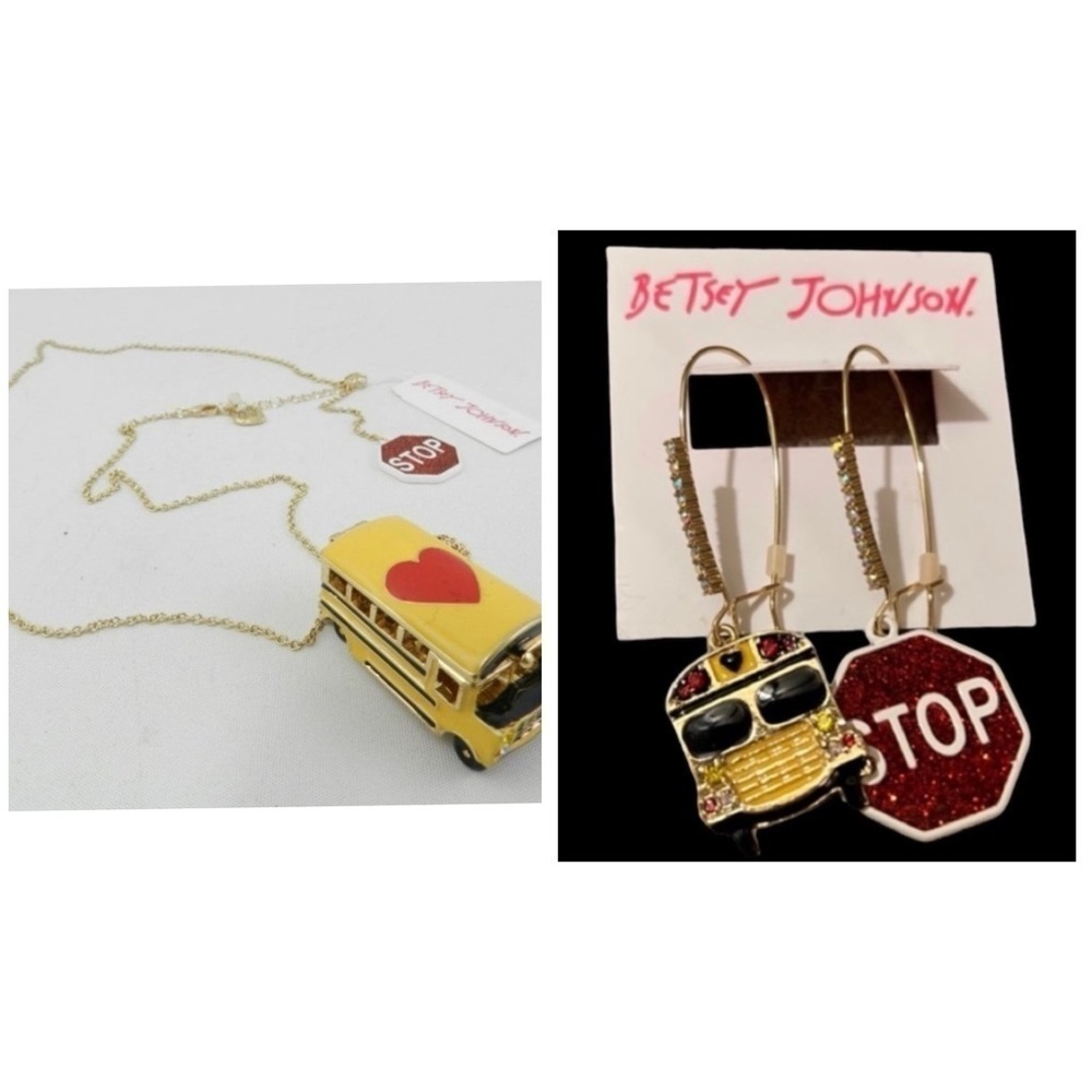 BETSEY JOHNSON SET Mismatched School Bus & Stop Sign Earrings & Necklace NEW NWT